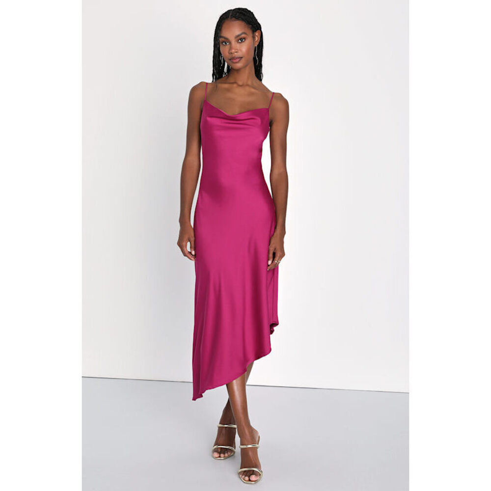 Lulus Iconic Stunner Magenta Satin Cowl Neck Asymmetrical Midi Dress Pink